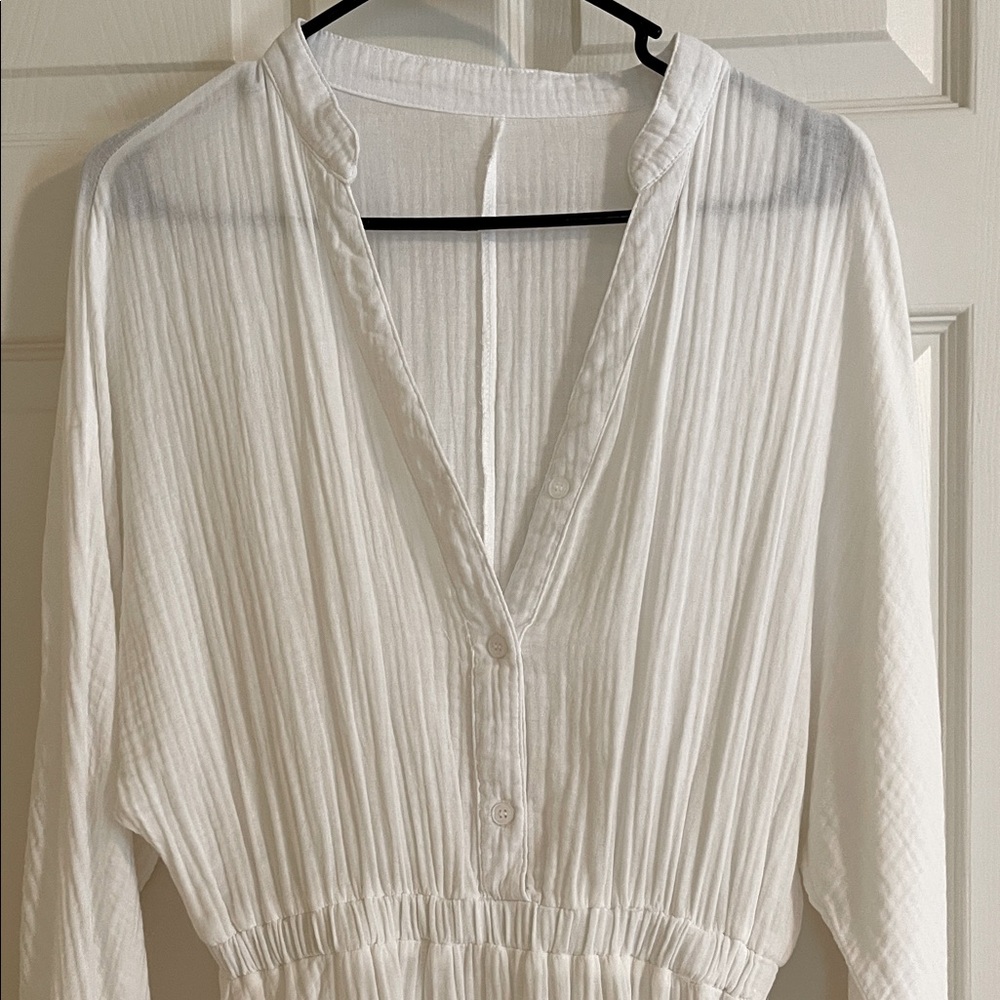 White V-Neck Ruffle Mini Dress Medium Lantern Sleeve Tiered Swing Cotton - Picture 8 of 14
